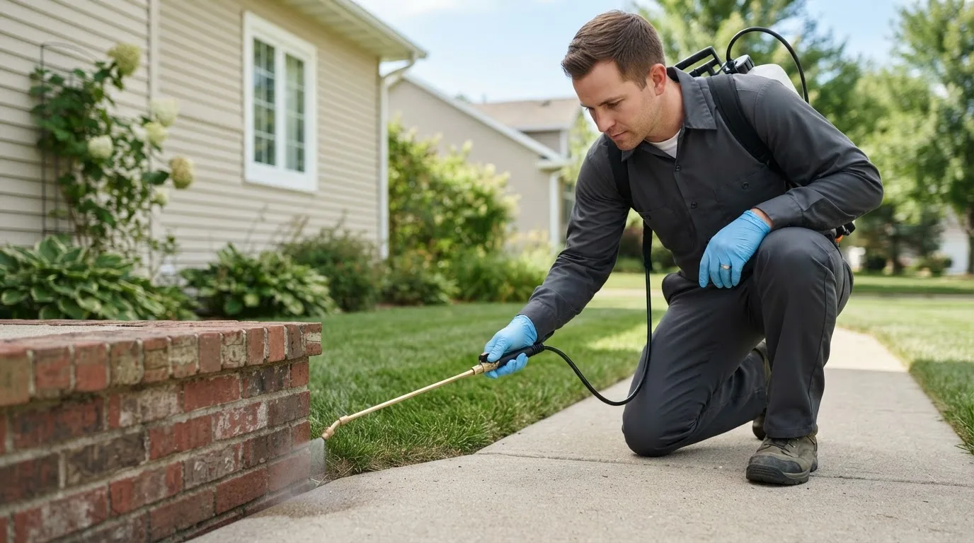 Pest control technician treating a home near Newalla, OK