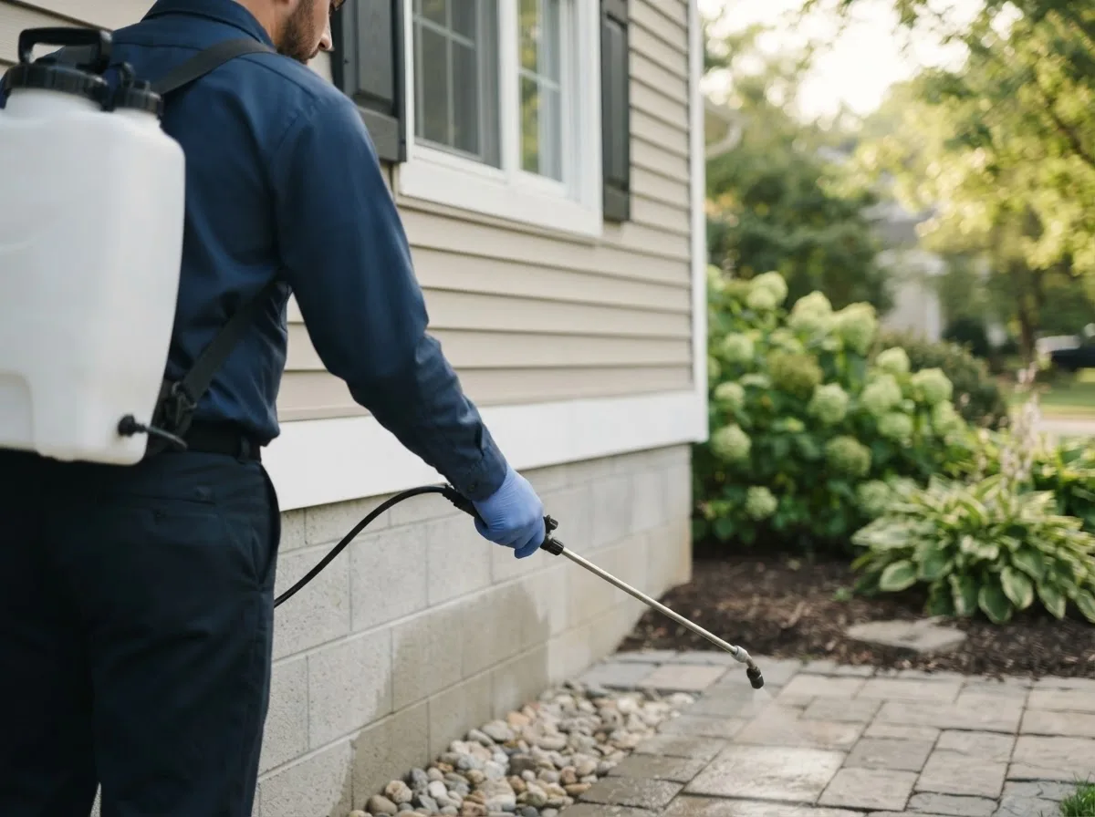 Pest control technician inspecting a home in Newalla, OK